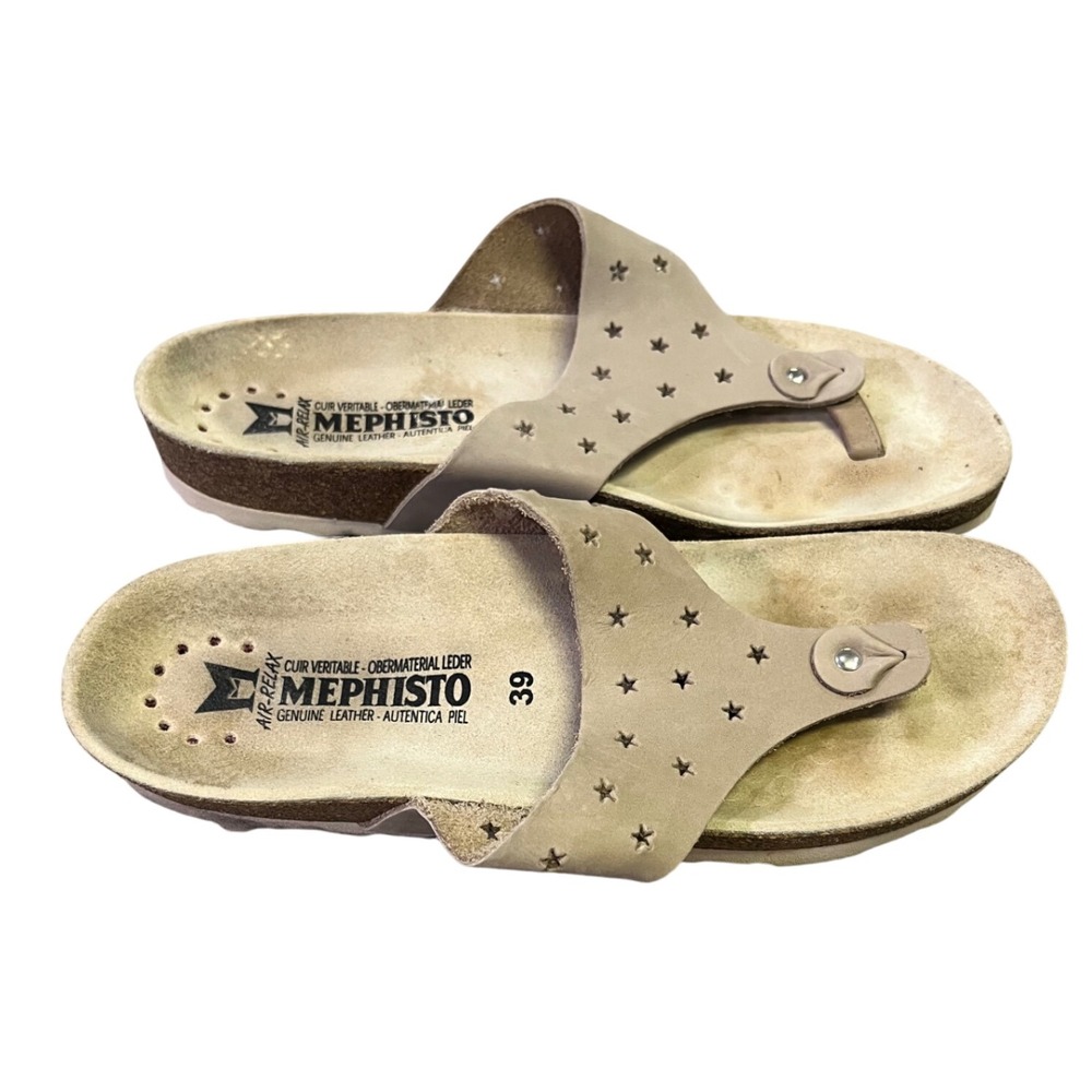 Mephisto Helen Star Cutout Leather Cork Thong Sandals Beige EU 39 Beach Comfort